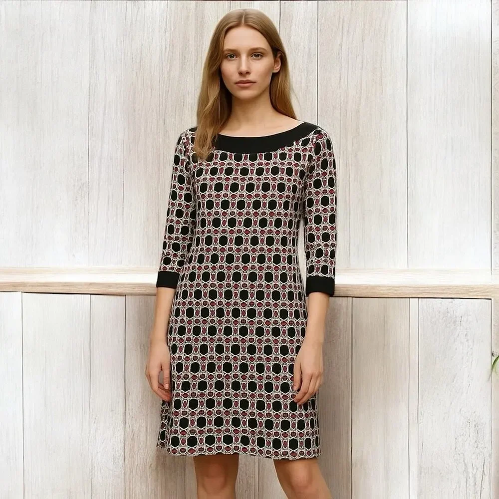 Tory Burch 100% Silk Geometric‎ Print Dress Sz M Mod Shift Style Long Sleeve